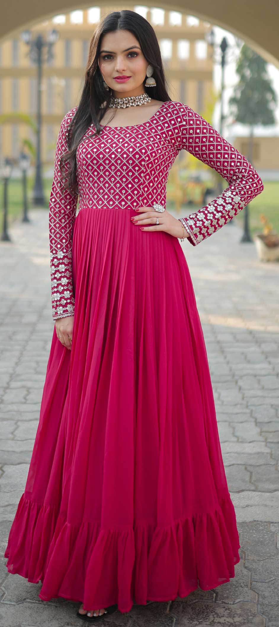 Party Wear, Reception Pink and Majenta color Georgette fabric Gown