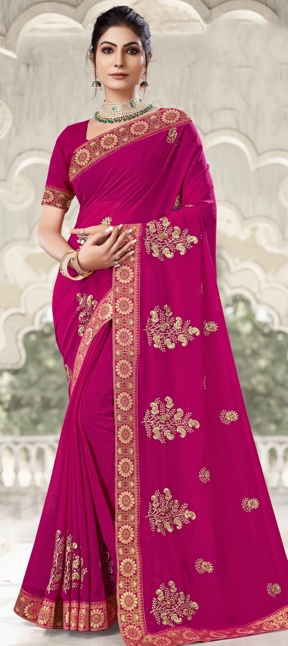 Embroidered Satin Georgette Saree in Dark Peach : SCBA2116