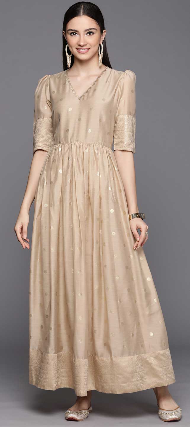 Beige - Handloom Chanderi Silk Tagai Work 3pc Unstitched Dress Material 49