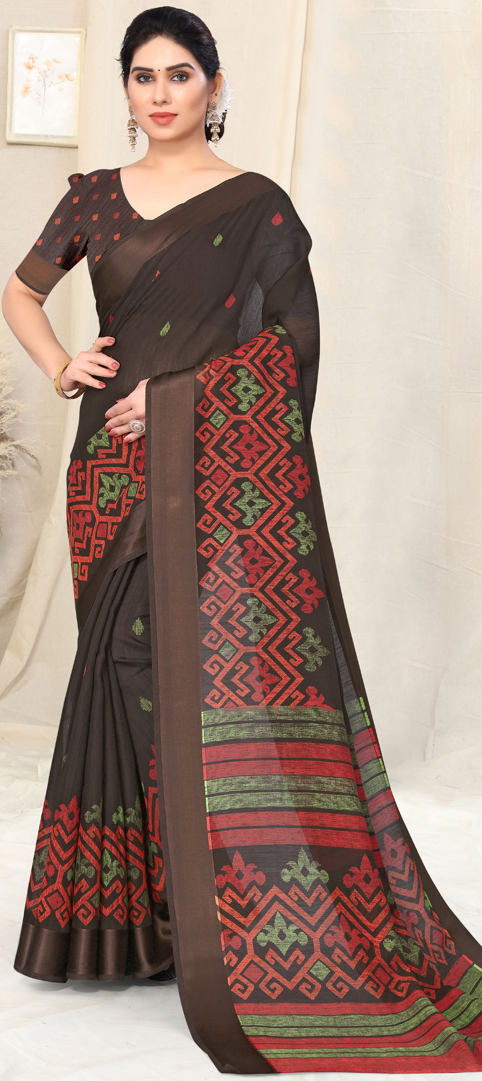 Beige Printed Cotton Saree main image 0