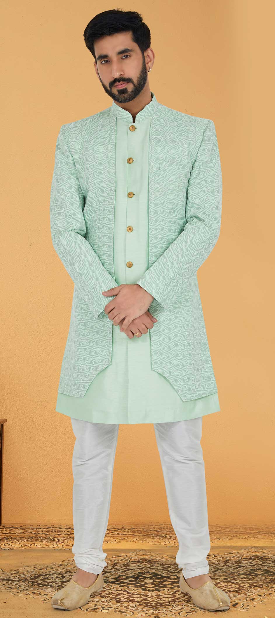 Silk IndoWestern Dress in Green with Embroidered work Indian Dresses