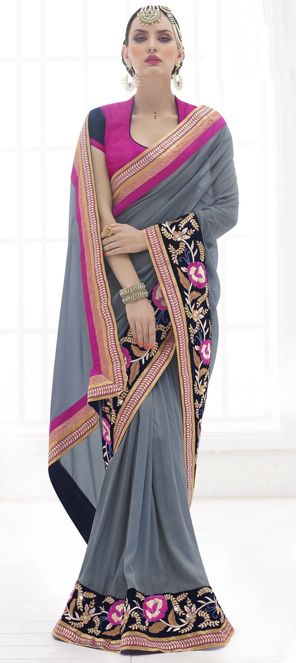 185944 Black and Grey color family Embroidered Sarees, Party Wear