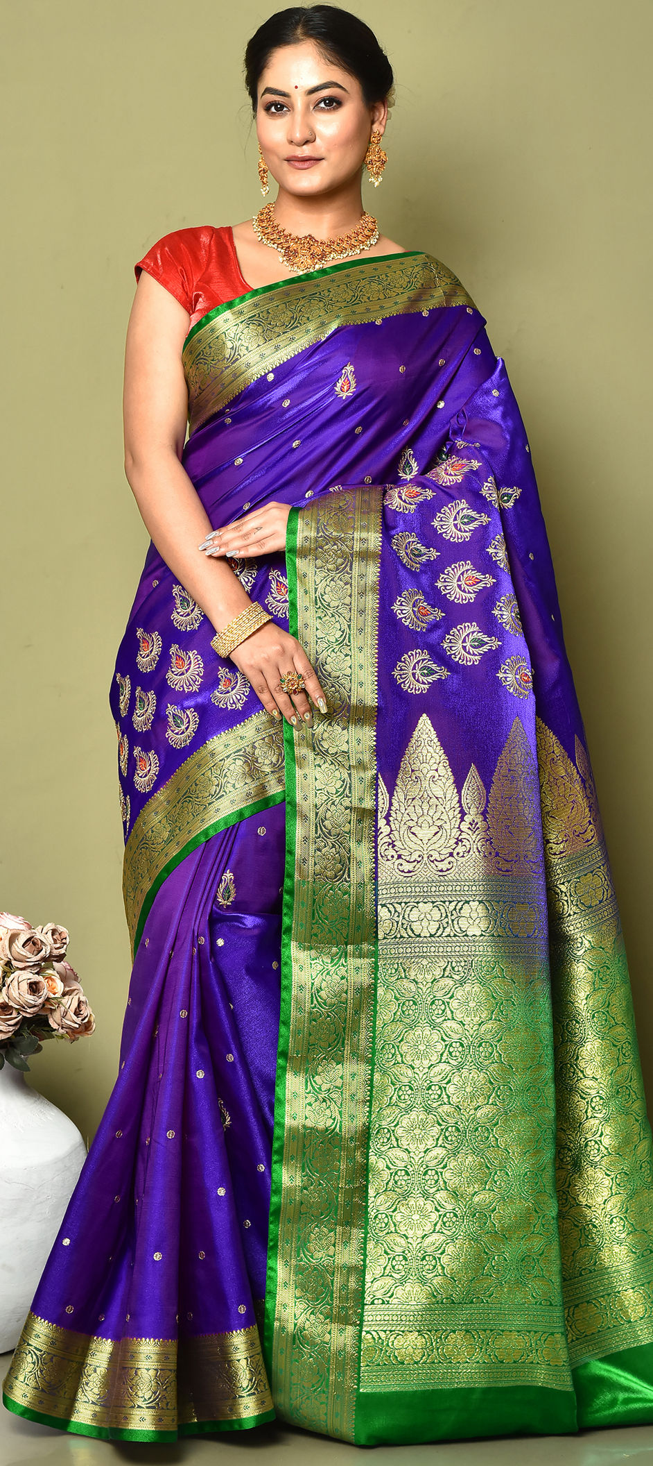 Handwoven Purple Ikat Silk Saree with Olive Green Border - Tulsi Weaves