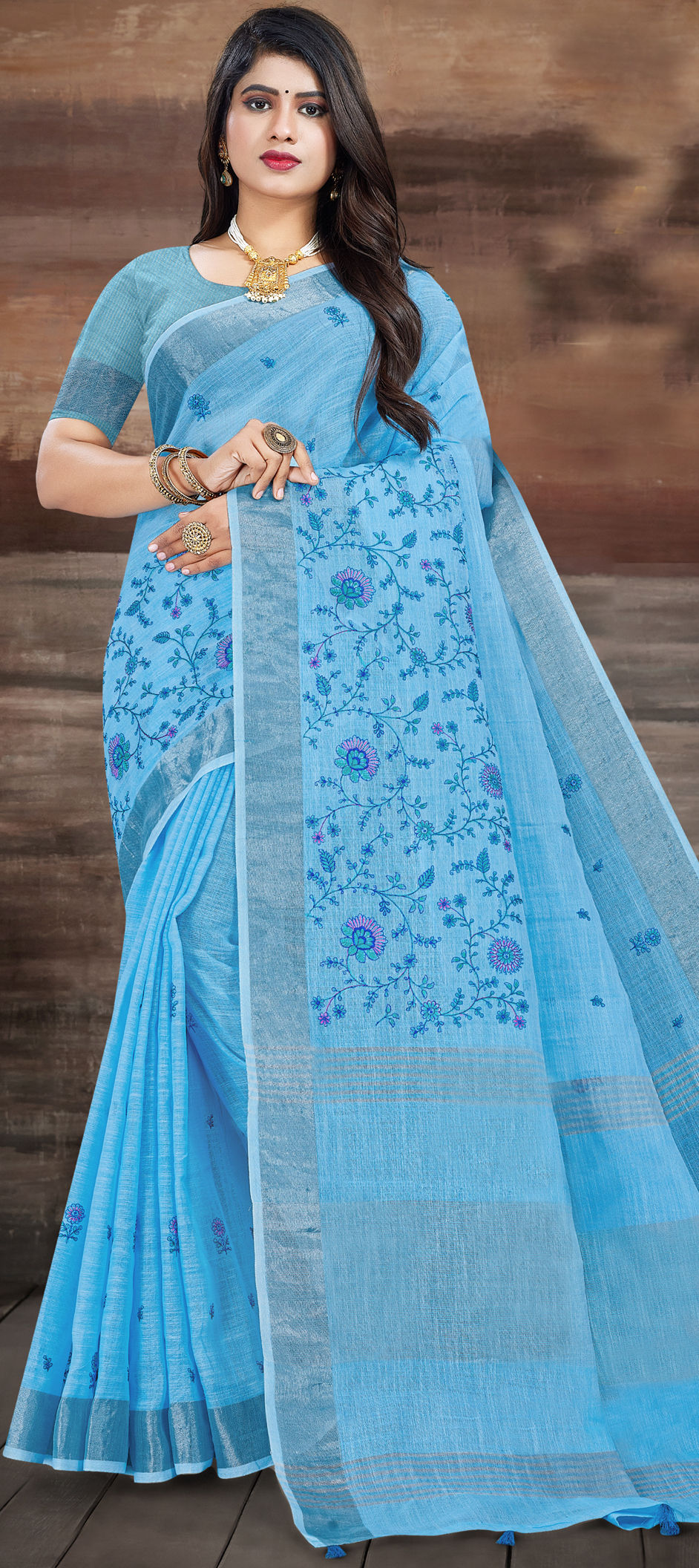 Traditional Blue Color Linen Fabric Saree 1861059