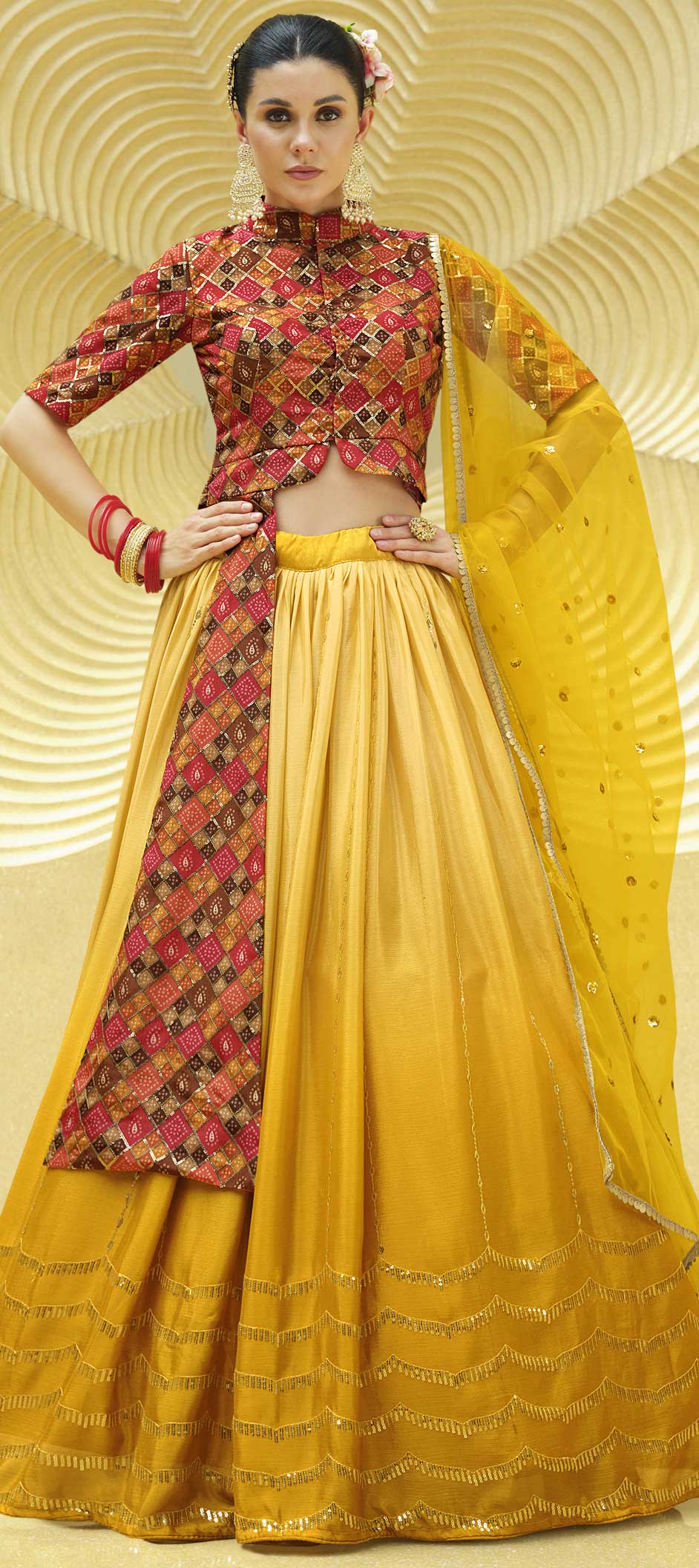 Buy Now Yellow Color Organza Fabric Foil Mirror,Thread Work Designer Lehenga  Choli