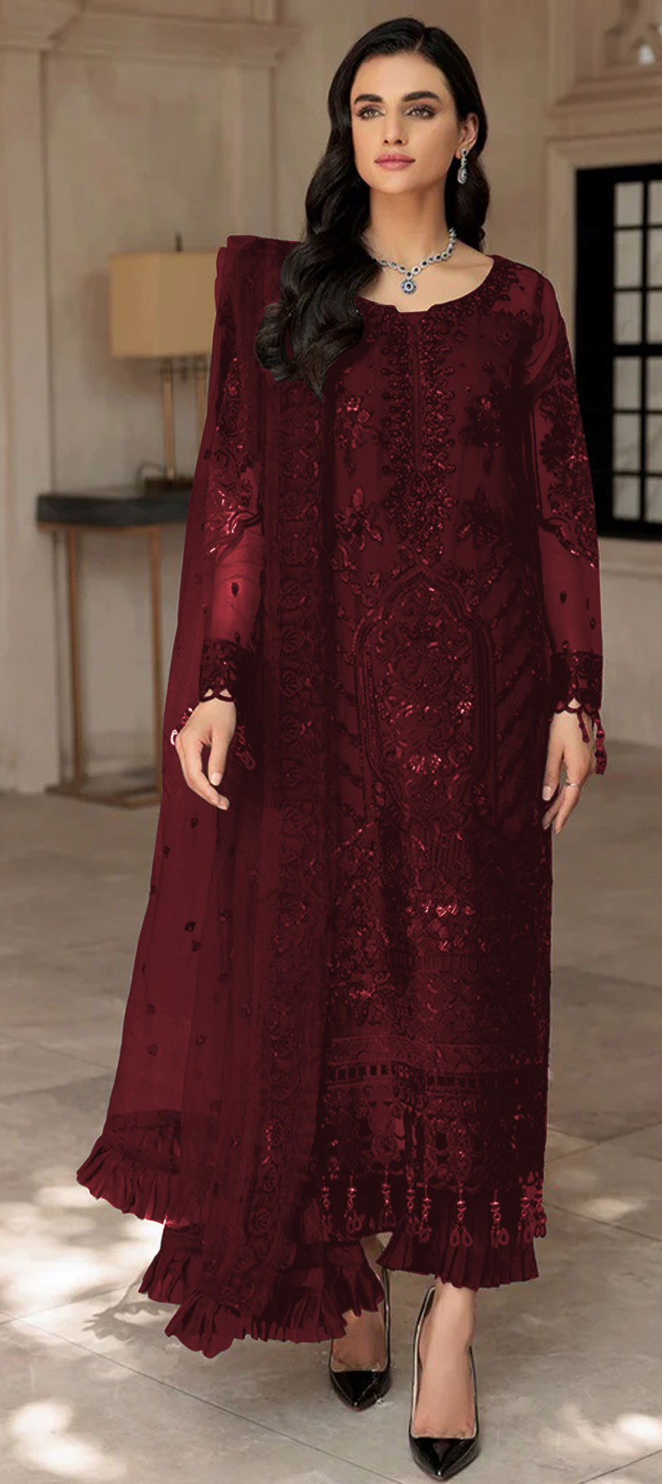 Designer, Party Wear Red and Maroon color Organza Silk fabric Salwar Kameez  : 1862095