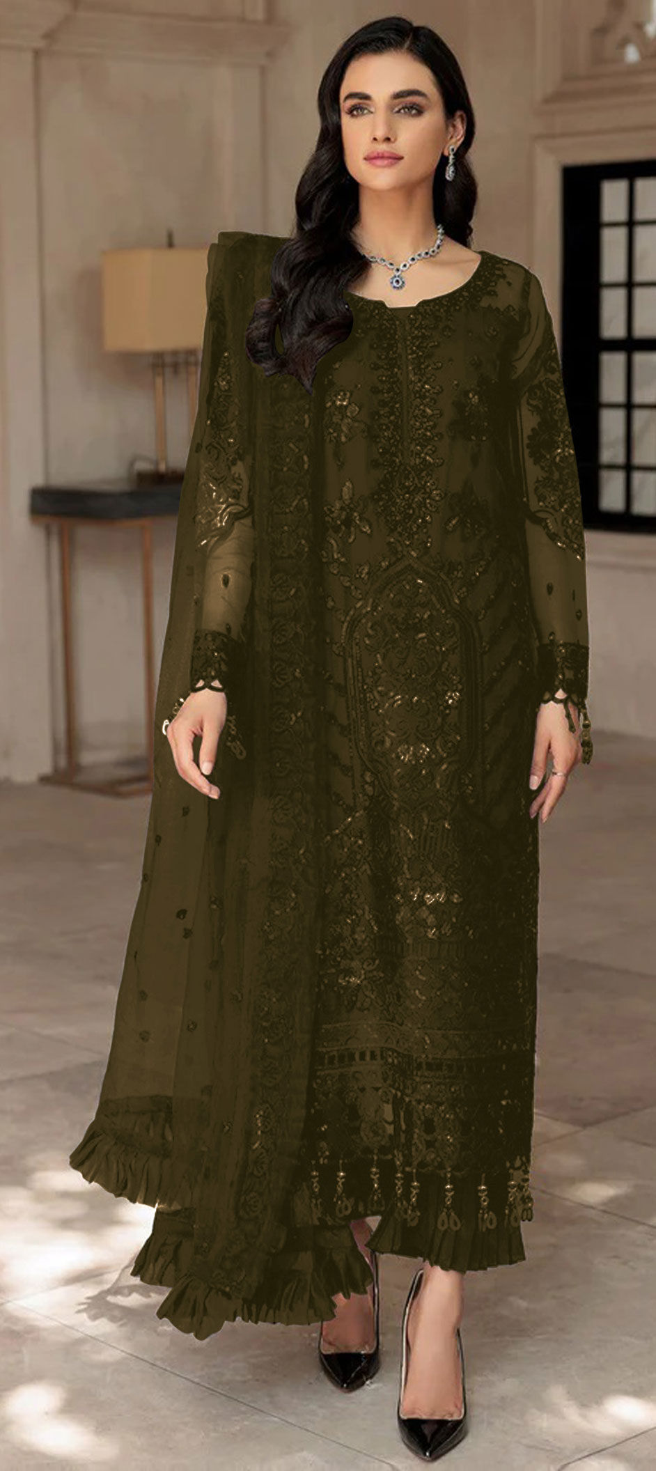Designer, Party Wear Green color Organza Silk fabric Salwar Kameez : 1862098 Designer, Party Wear Green color Organza Silk fabric Salwar Kameez : 1862098