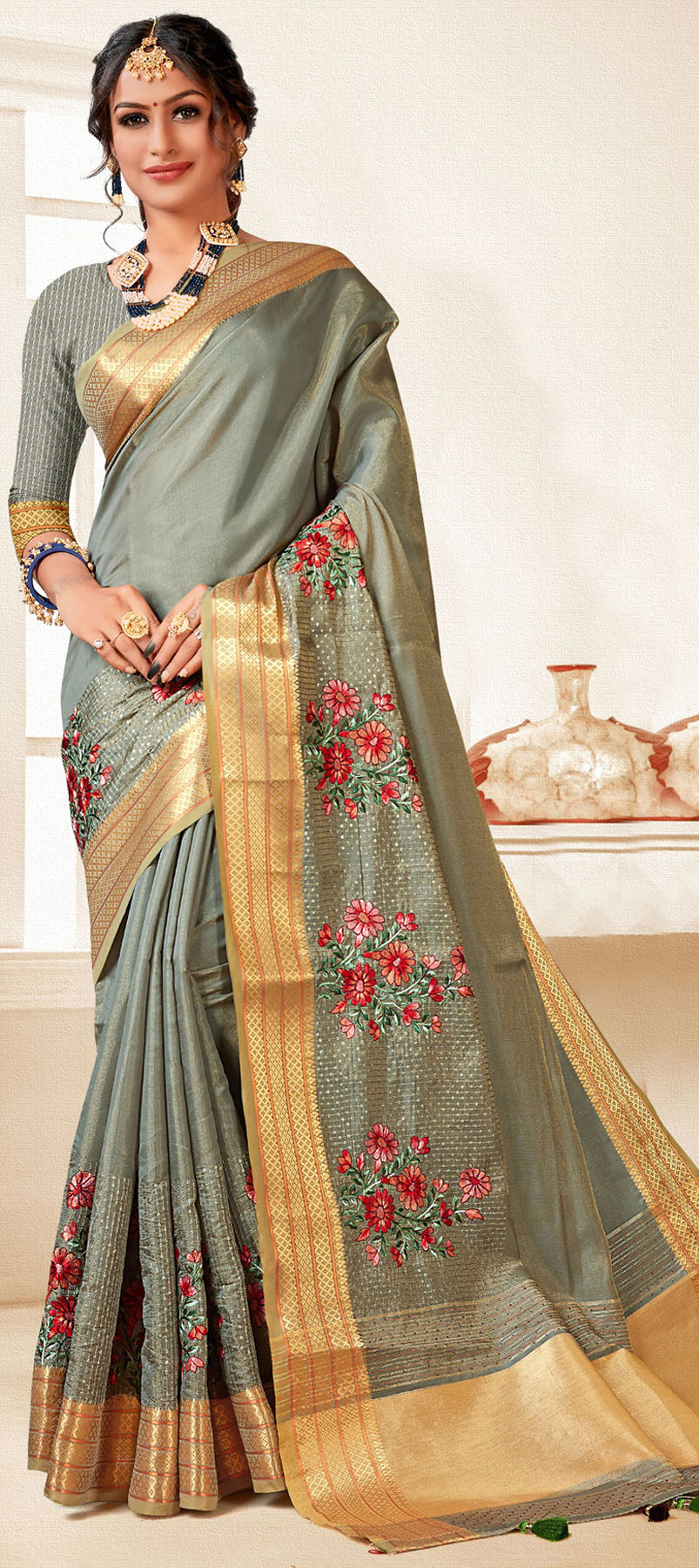 Cotton Silk Saree - Silvergrey x Black
