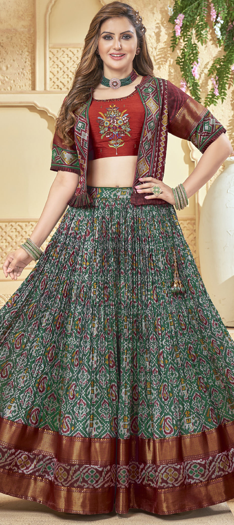 Dark Green Thread With Sequence Embroidered Georgette Lehenga – Maharani