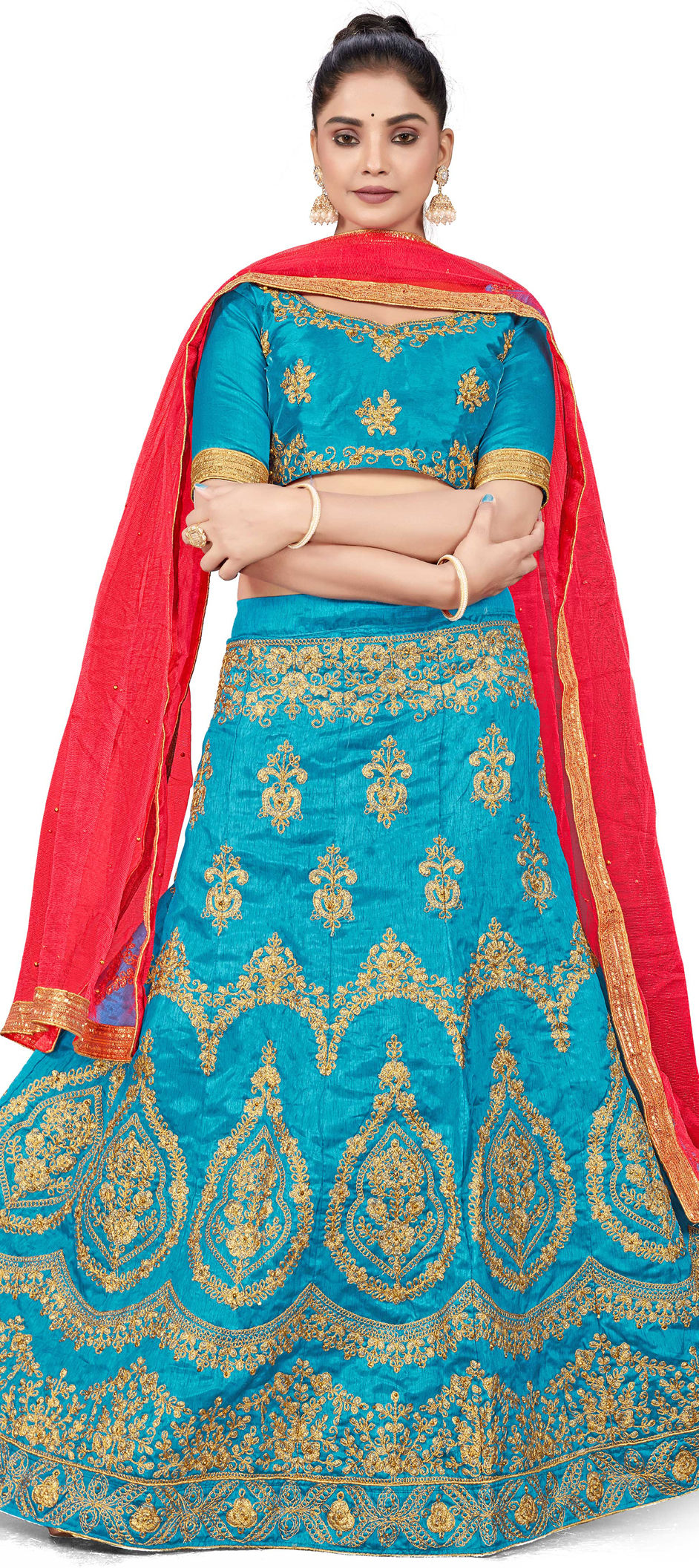 Buy Odette Festive Designer Light Blue Semi Stitched Lehenga With  Unstitched Blouse (Set of 3) online