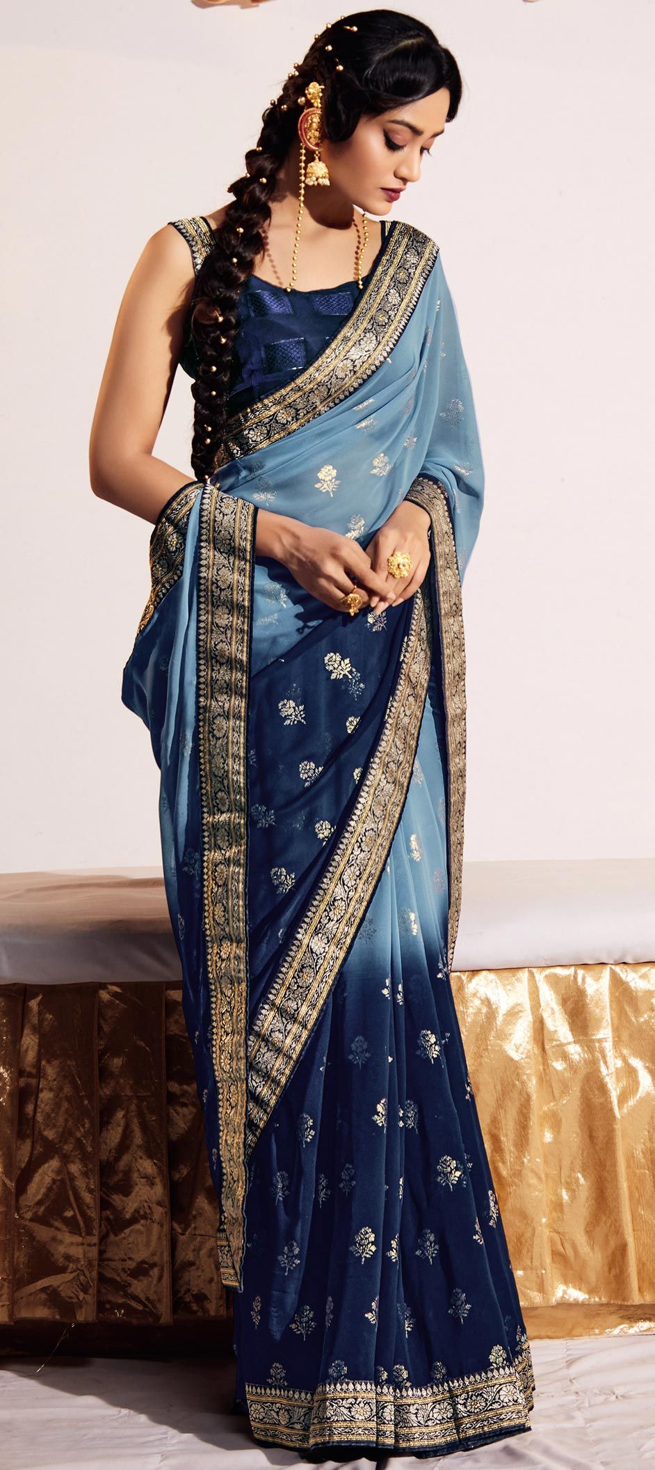 Casual, Party Wear Blue color fabric Saree 1864460