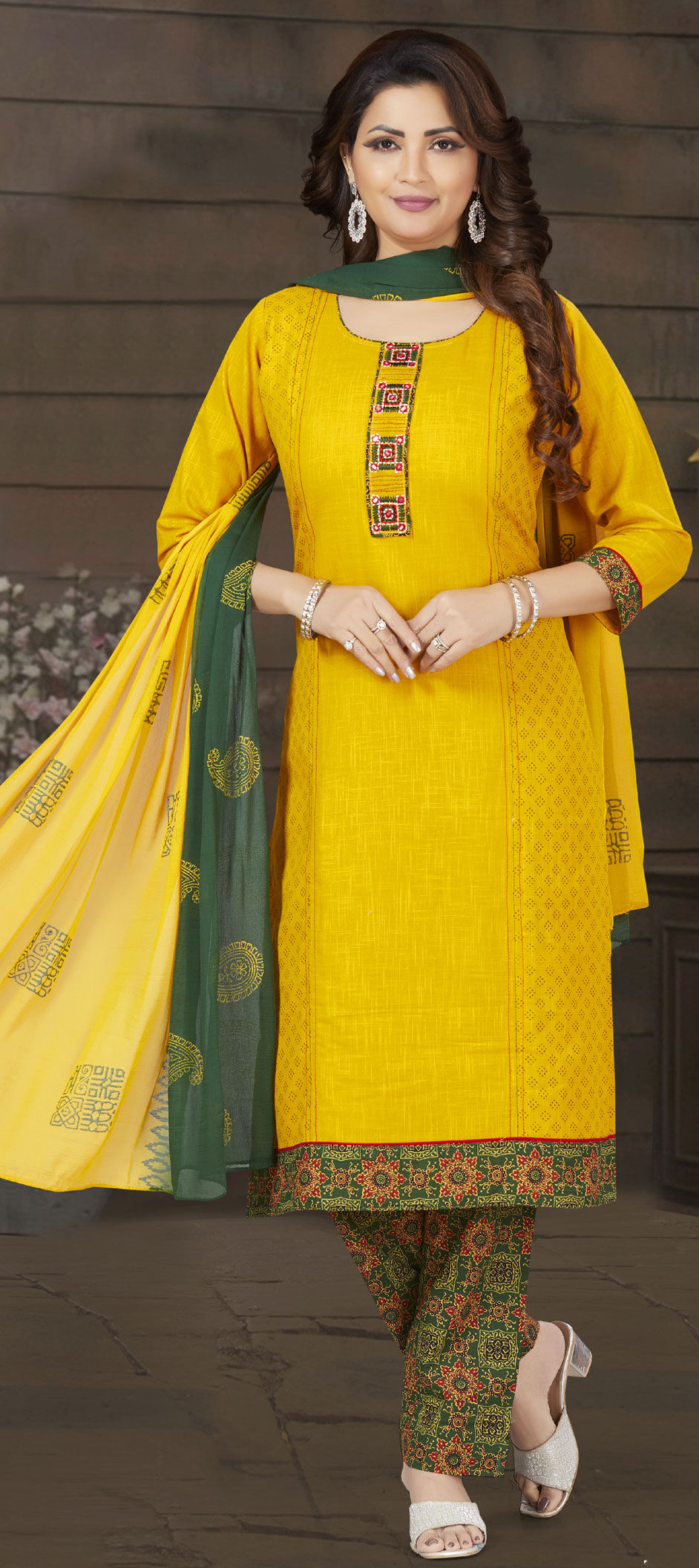 Bright yellow silk cotton Anarkali features polka dots, embroidered neck  work & contrast dupatta with intricate designs