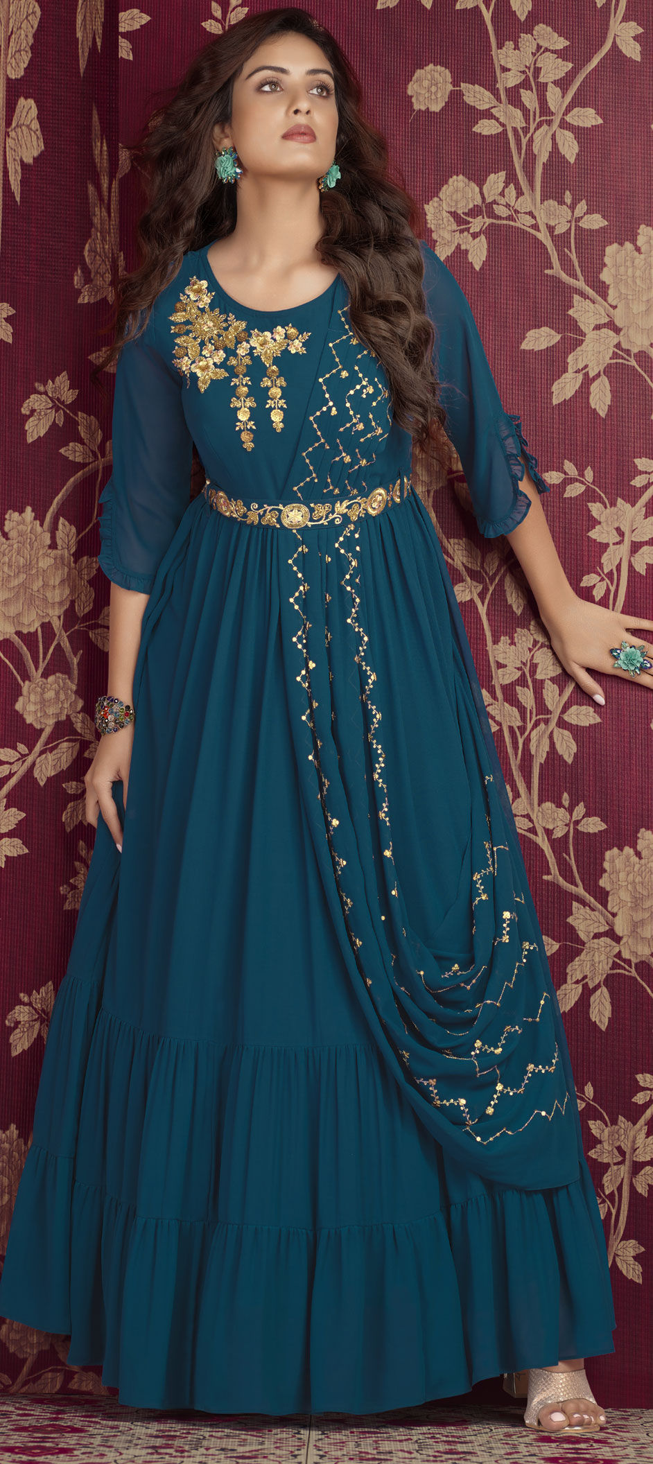 Lavish Grey And Blue Chinon Reception Wear Gown