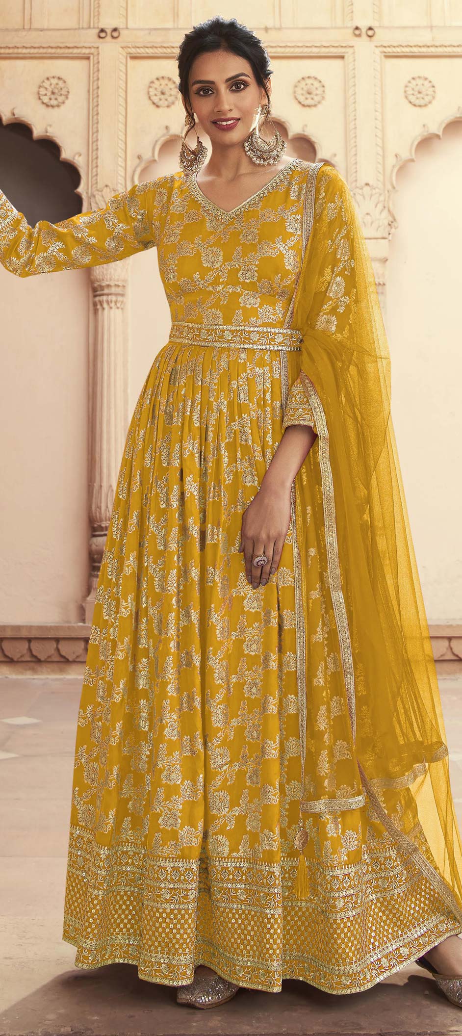 Yellow - Jacquard Weave Cotton Elasticated Salwar 13