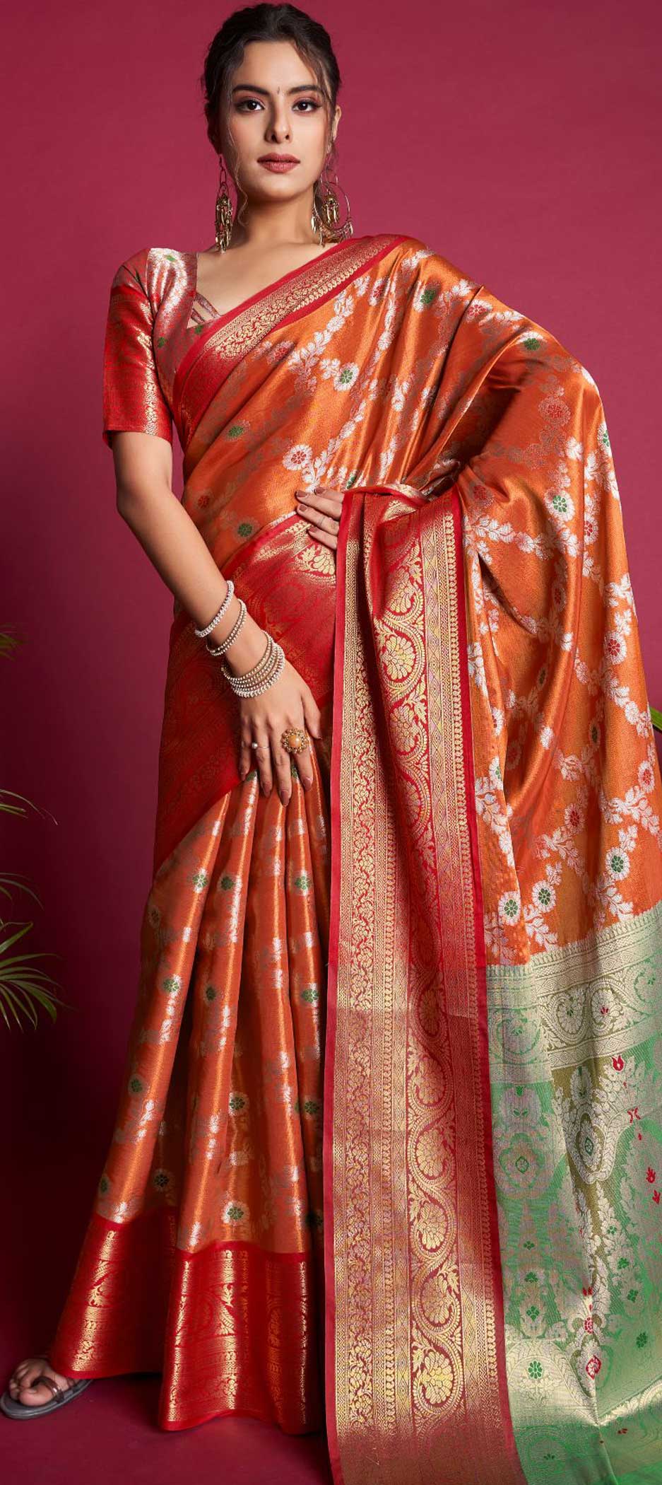 Traditional Orange color Kanjeevaram Silk, Silk fabric Saree 1865951