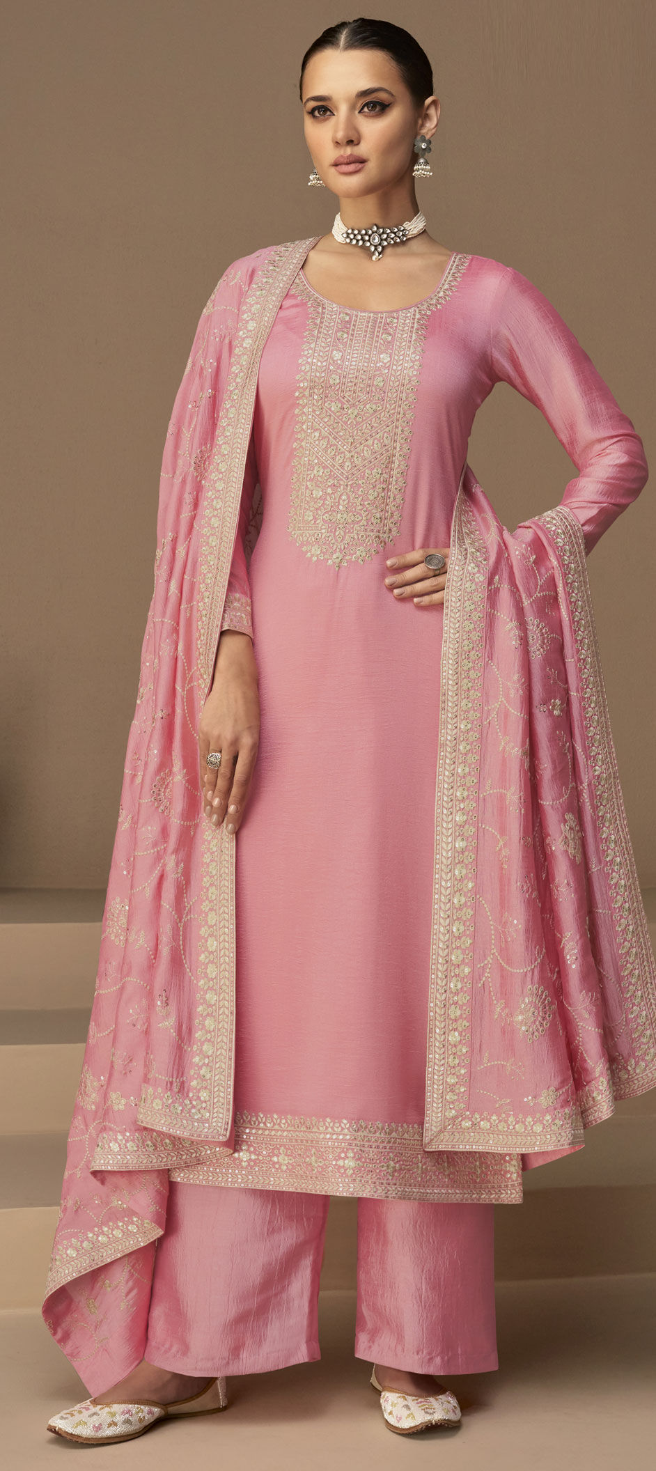 Cherry Pink Dola Silk Jacquard Festive Salwar Kameez