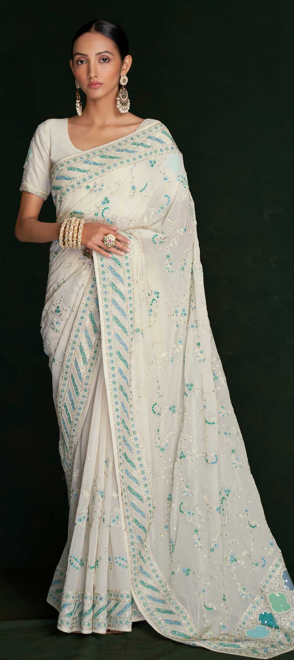 Exquisite Off White Embroidered Wedding Wear Saree