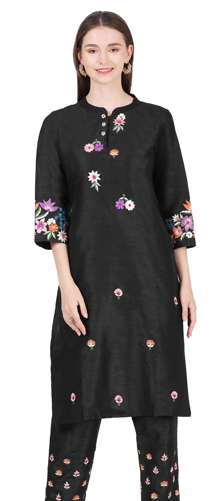 Casual Black and Grey color Raw Silk fabric Kurti 1869022