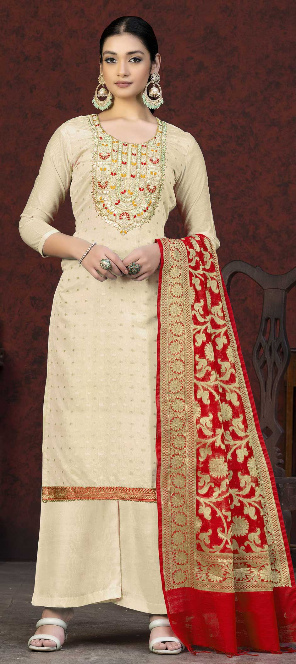 Party Wear, Reception Beige and Brown color Banarasi Silk fabric