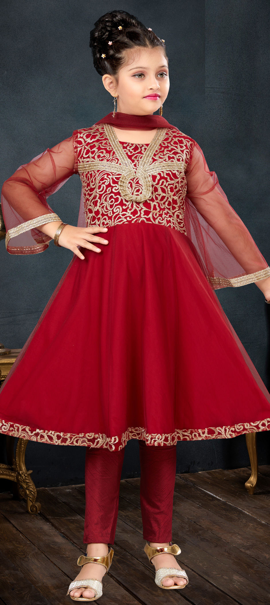 Party Wear Red Color Churidar Dress Shop Net Embroidery Red