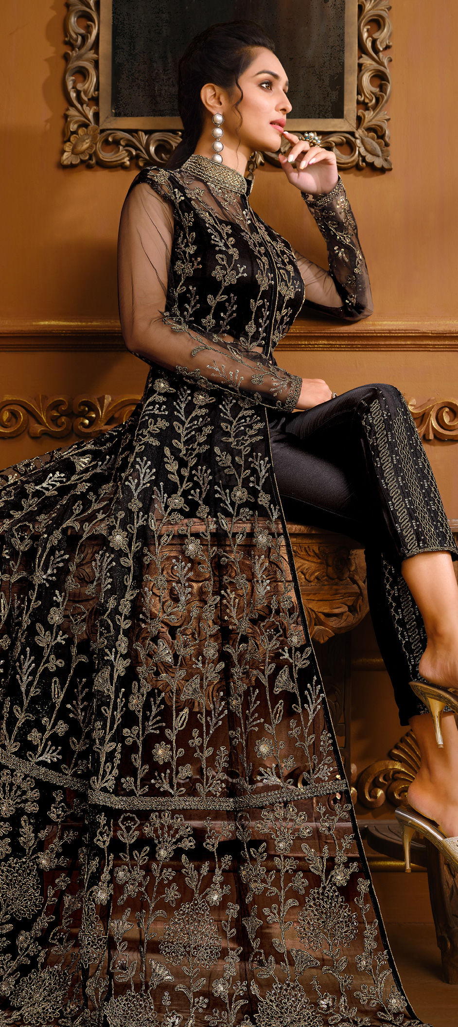 Designer, Party Wear Black and Grey color Net fabric Salwar Kameez : 1870172