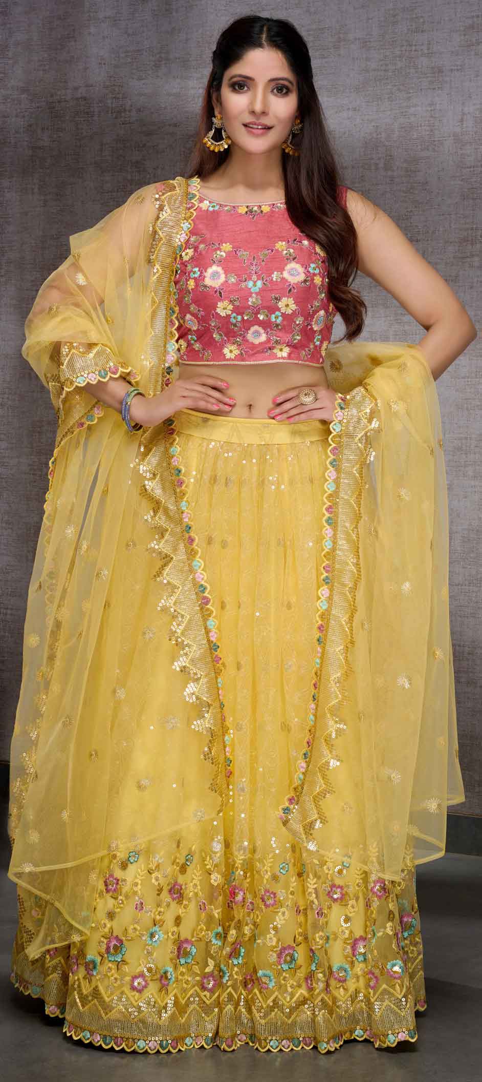 Mehendi Sangeet, Reception, Wedding Yellow color Net fabric Ready to ...
