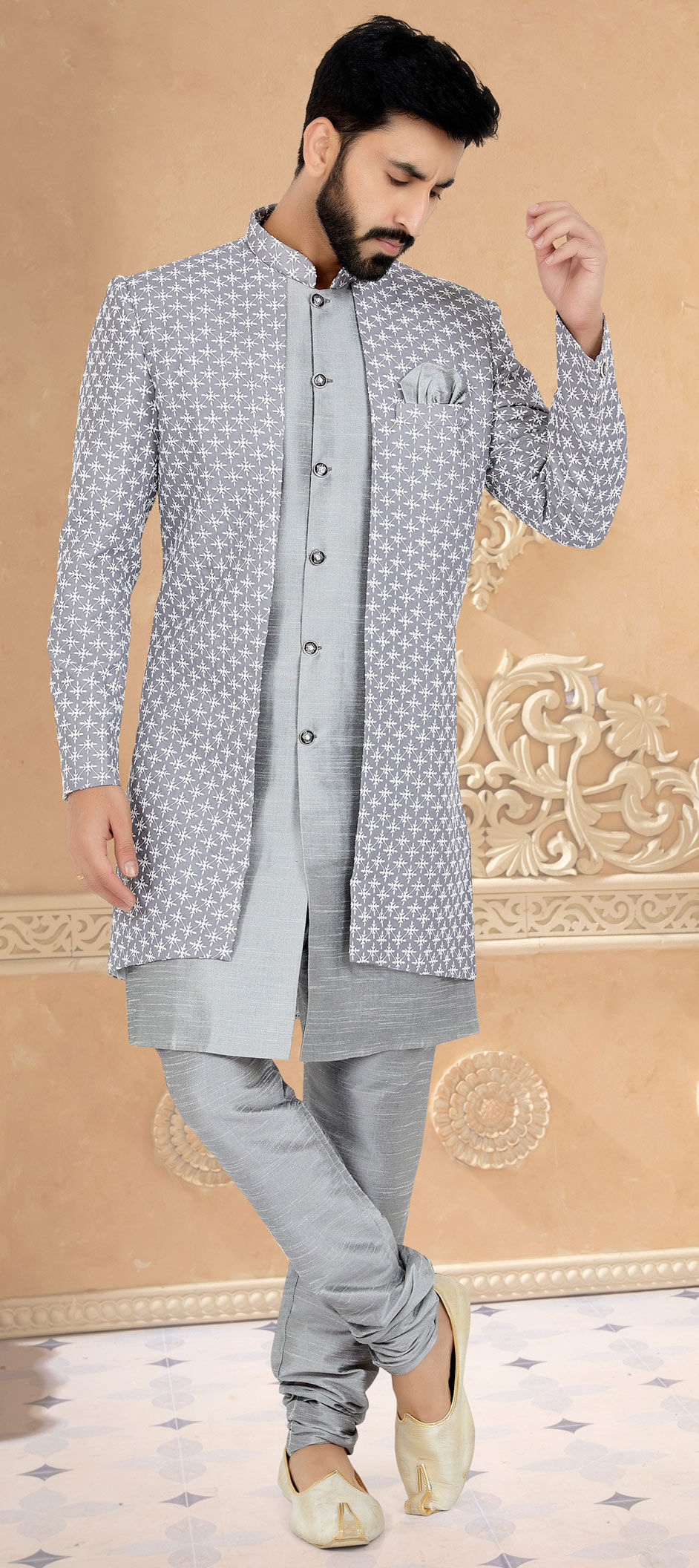 Georgette Party Wear IndoWestern Dress in Black and Grey with Sequence work Indian Dresses