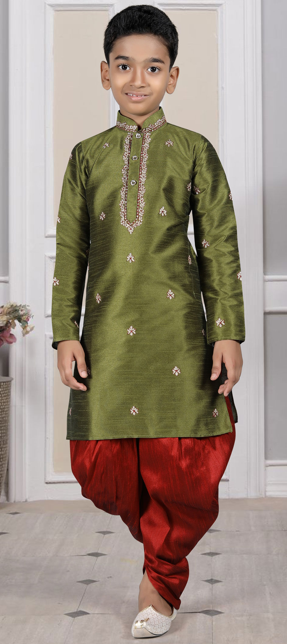 Boys' Green Silk-Cotton Dhoti Set - Traditional