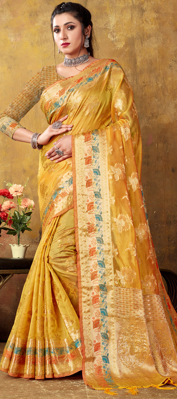 Women's Dola Silk Saree With Heavy Tassels (DVZ0003700, Yellow) - Dvanza.com