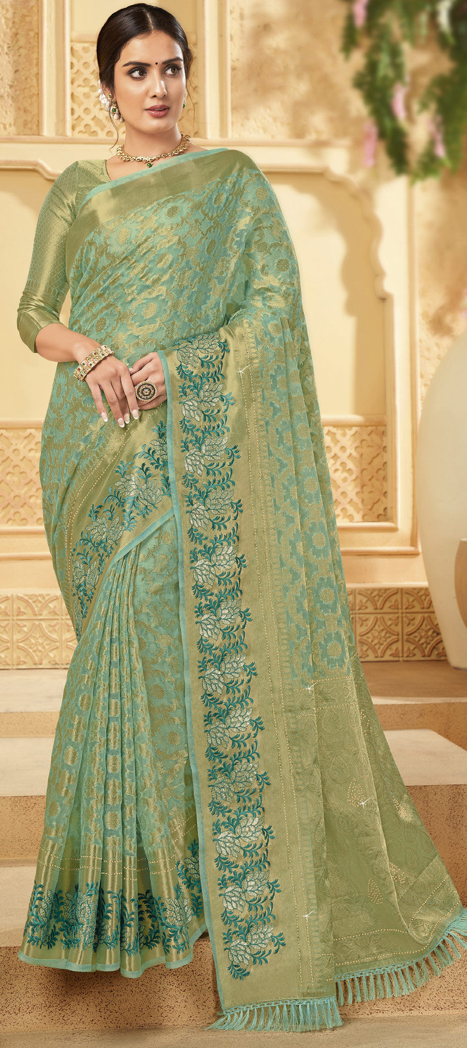 Silk Saree with blouse in Green colour 105