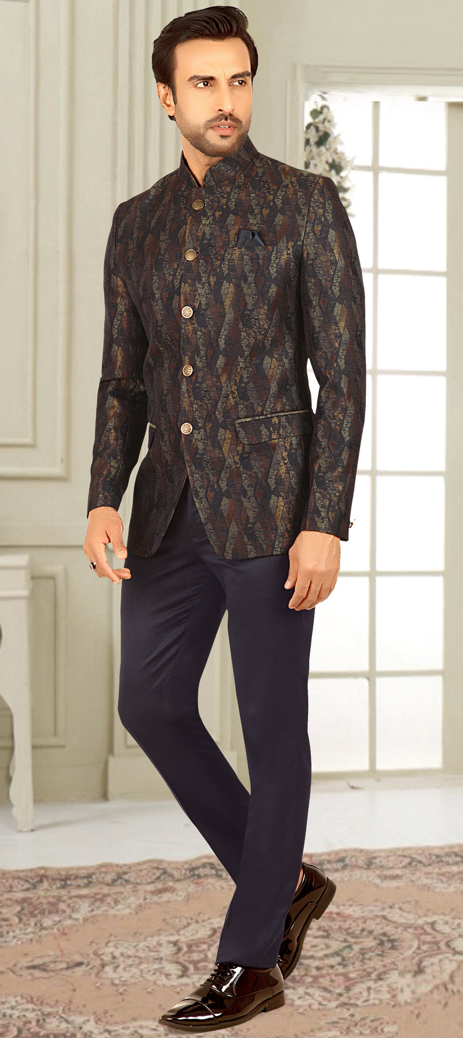 Buy Teal Blue Printed Italian Jodhpuri Suit Online | Samyakk