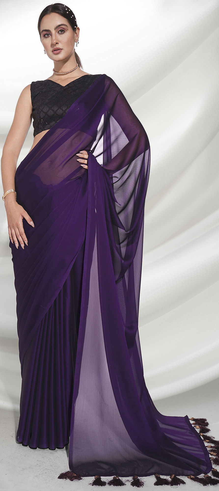 Dark Purple Saree In Silk Blend With Weaved Floral Motifs And Blouse P –  paanericlothing