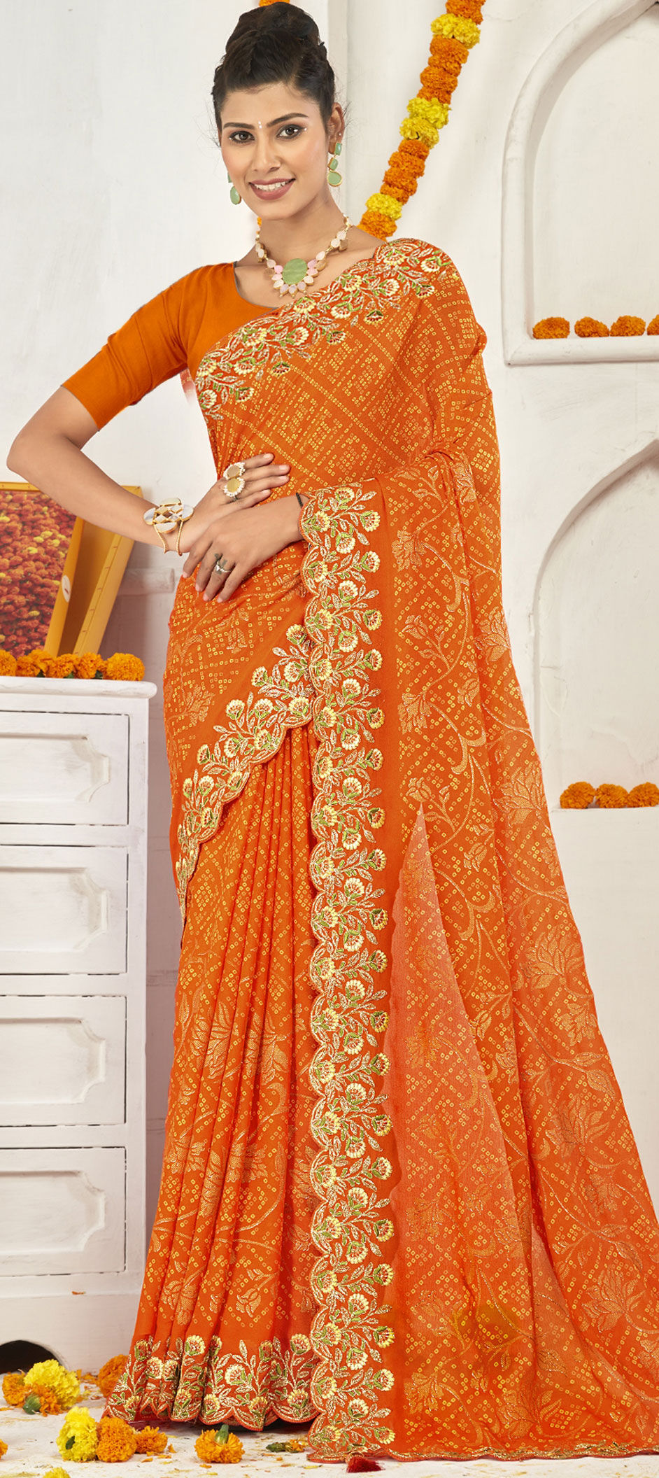 Buy Aerospace Orange Banarasi Saree online-Karagiri Online Sale