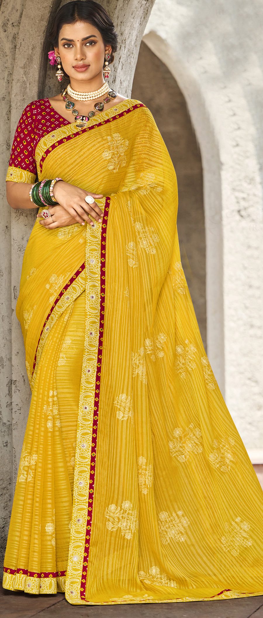 Yellow Colour Organza Fabric Indian Designer Saree.