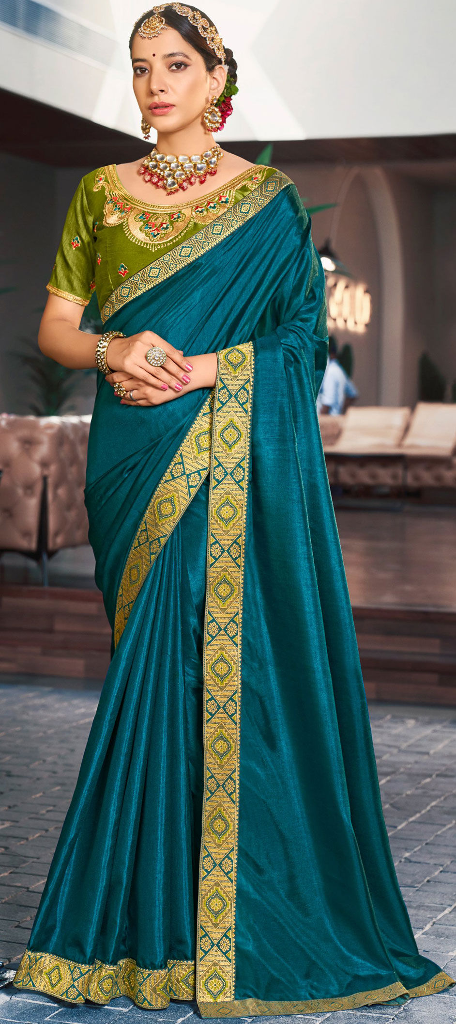 Peacock Green Partywear Embroidered Silk Half and Half Saree