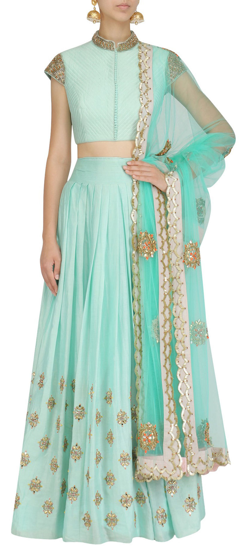 Sea Green & Teal Blue Chanderi Cotton Ready to Wear Lehenga with Blouse