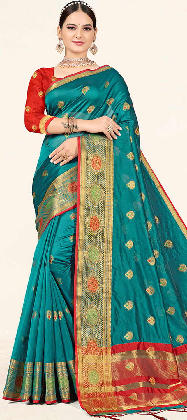 Peacock green and blue casual saree with blouse – Threads