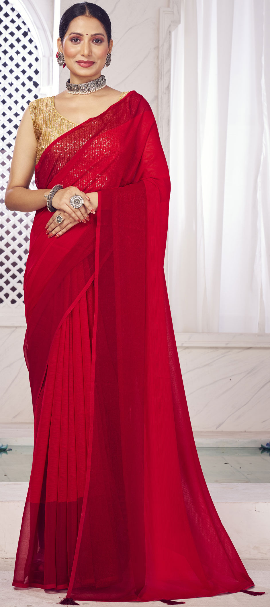 Red Pleated Polyester Saree Set Design by Kiran Uttam Ghosh at Pernia's Pop  Up Shop 2024