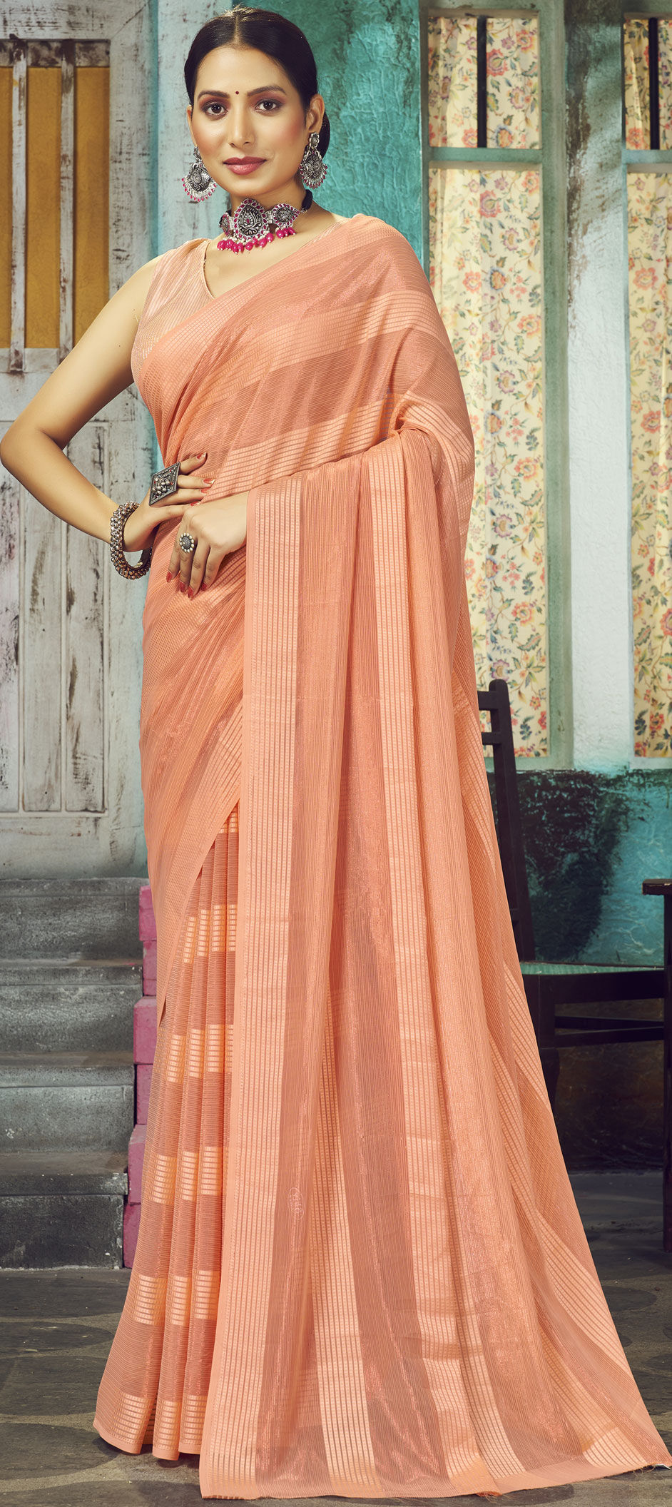 Buy Peach Silk Georgette Saree - Sarees Online in India | Elegant saree,  Saree styles, Saree styles for farewell