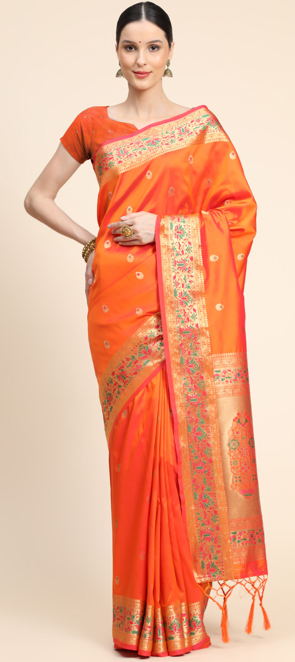 Mal Mal Silk Wedding Wear Saree In Orange color With Embroidery Work &  Crystal stone work