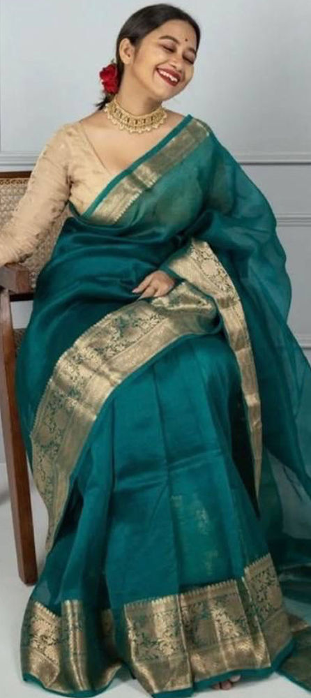 Women Party Wear Plain Blue Colour Organza Silk Saree Collection
