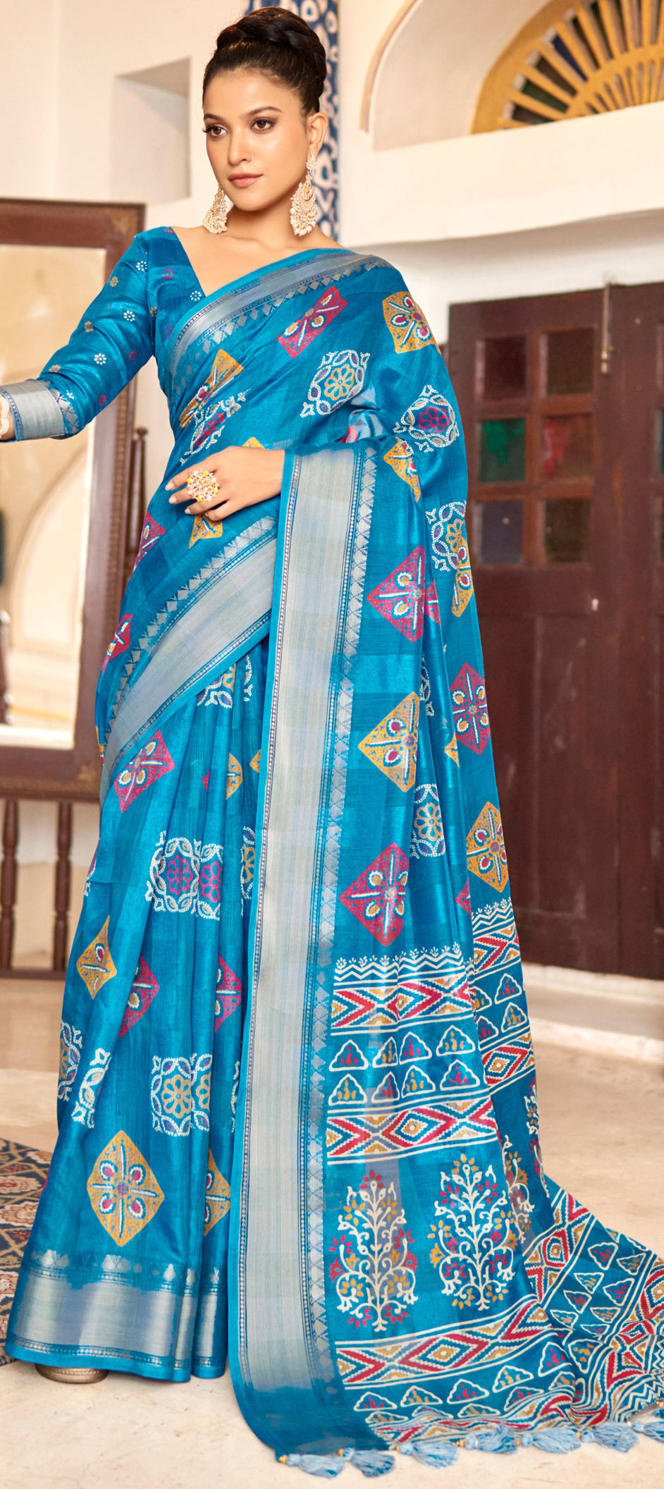 Casual Traditional Blue Color Poly Cotton Fabric Saree 1880981