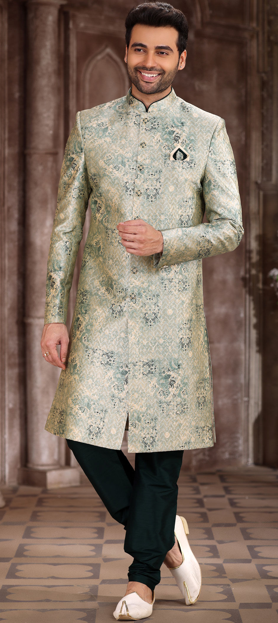 Art Silk Party Wear Sherwani in Green with Printed work