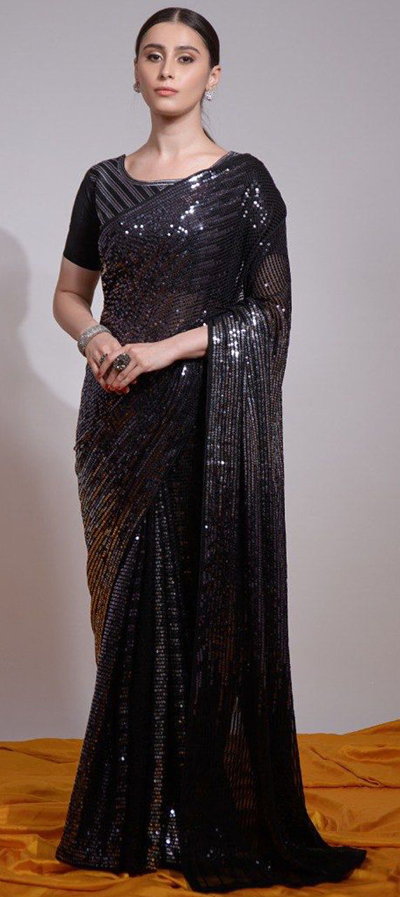 Dresses | Designer Sequin Saree Black And Grey | Poshmark