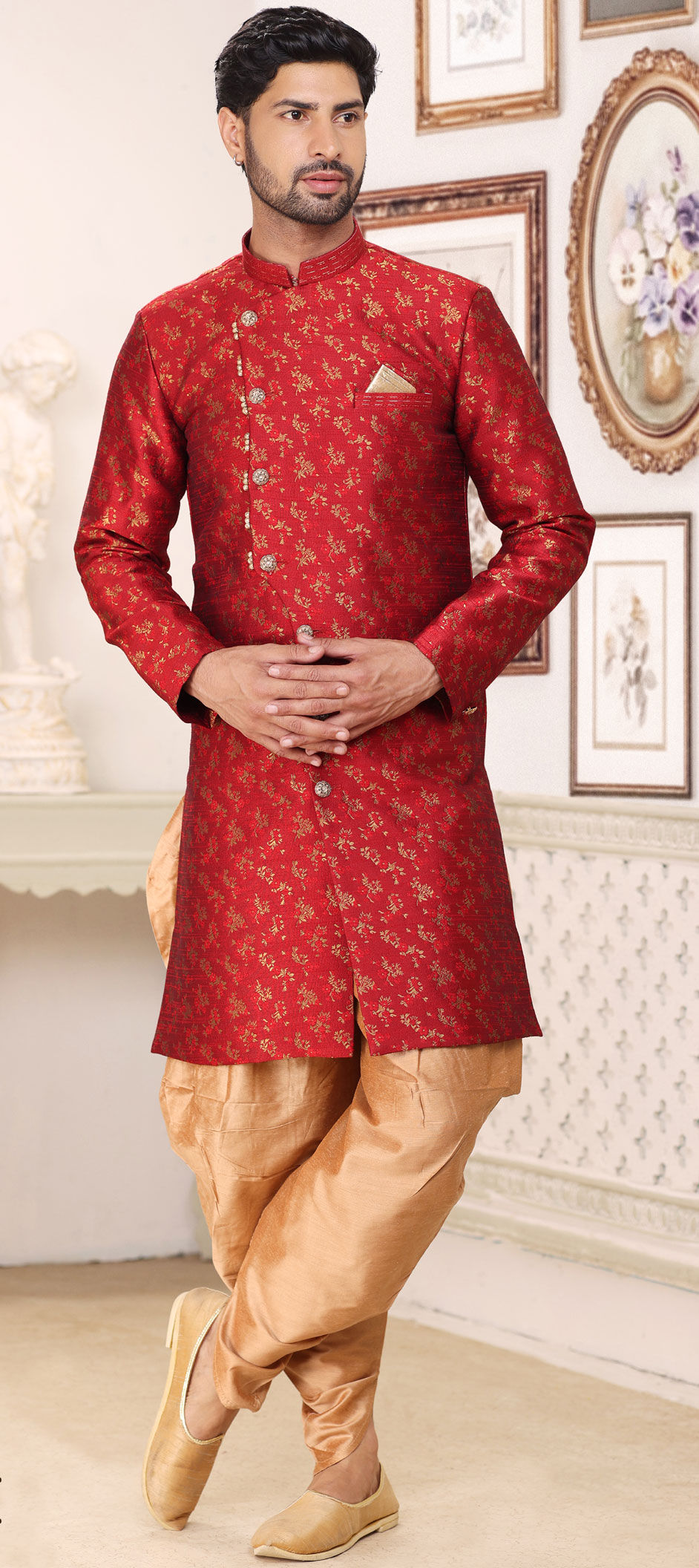 Jacquard Party Wear IndoWestern Dress in Red and Maroon with Weaving work