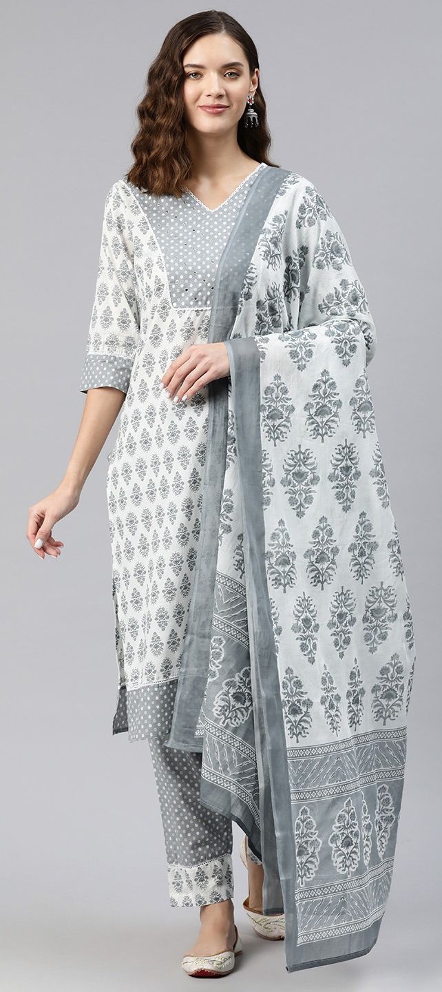 Printed Cotton Churidar Salwar Kameez in Grey and Off White