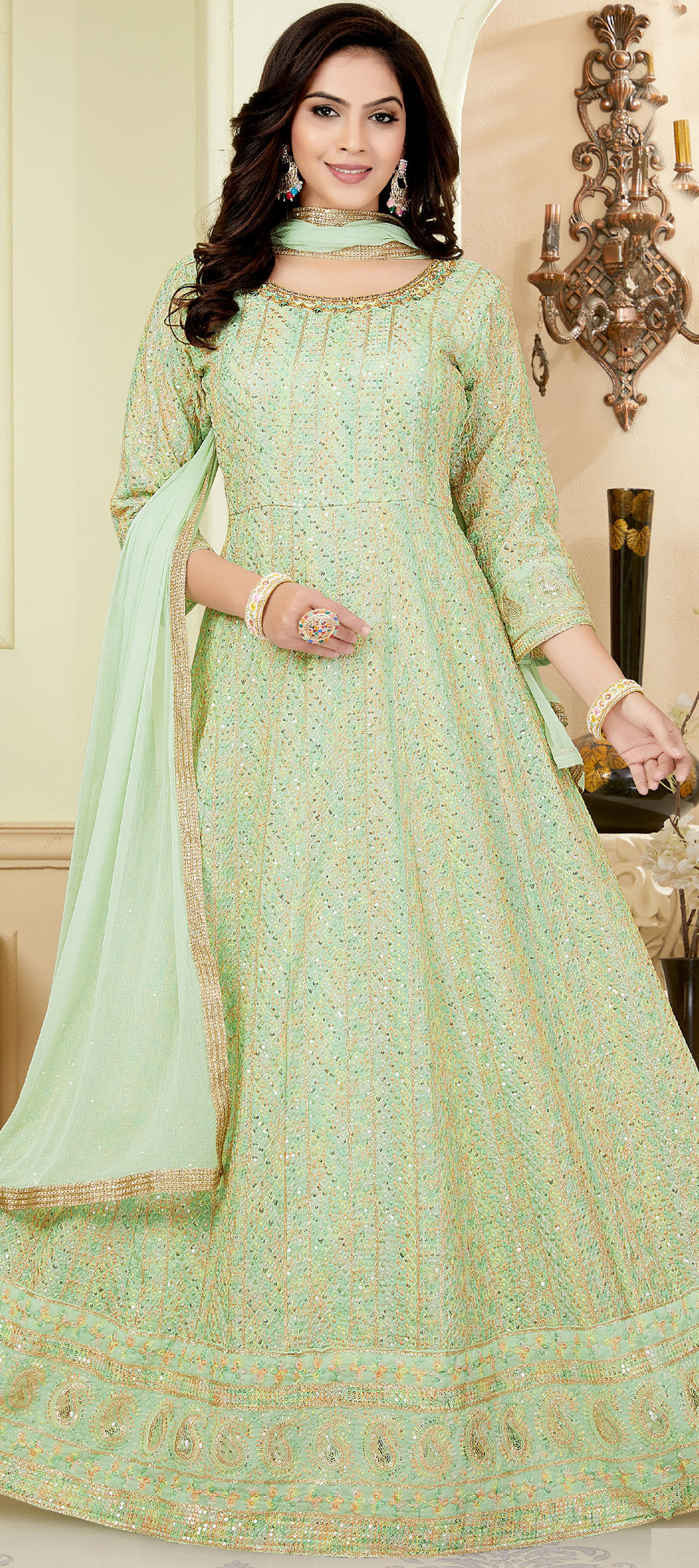 green emerald velvet dress Designer Mehendi Green Viscose Jacquard Silk Dress All Over Embroidery & Net Dupatta for Special Occasions Mehendi Green / XXL / 5 Days main image 0