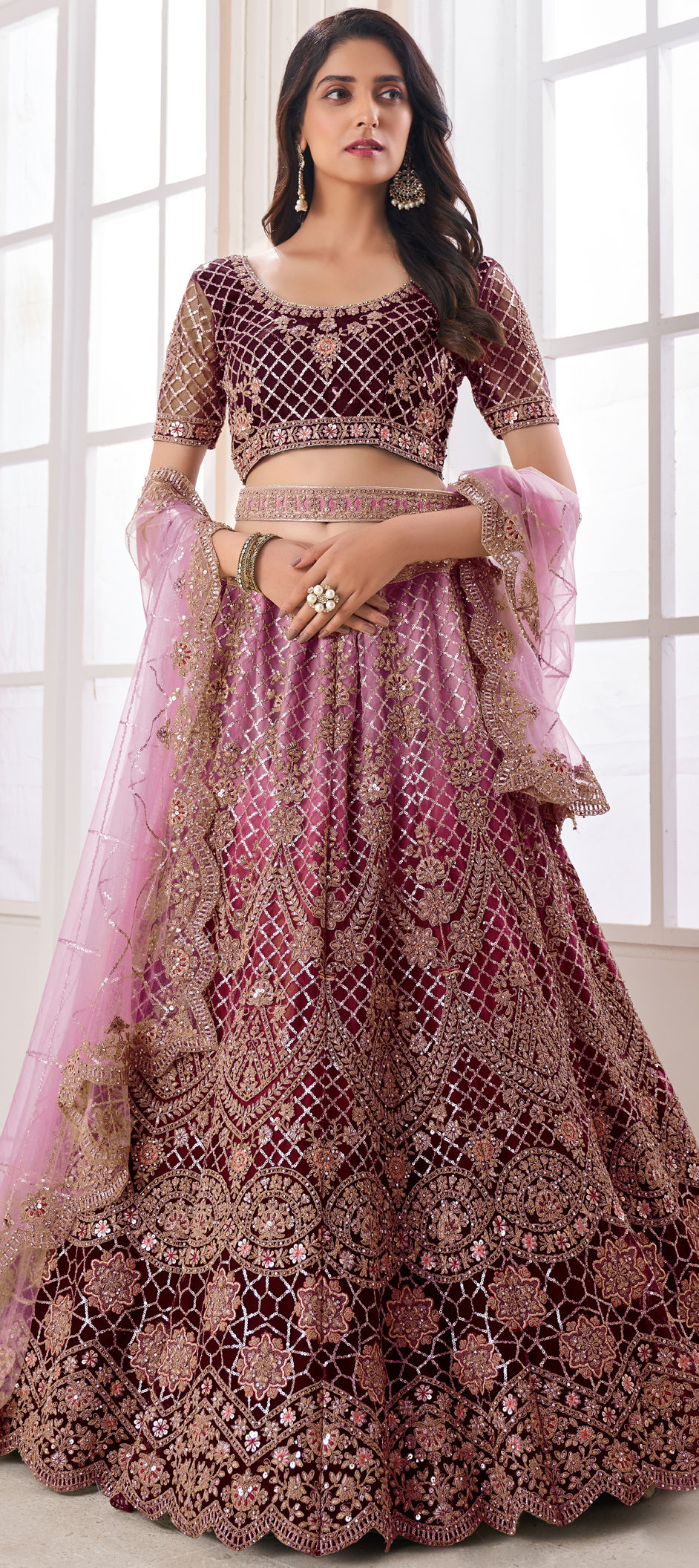 Bridal Lehengas : Purple soft net sequence work bridal lehenga ...