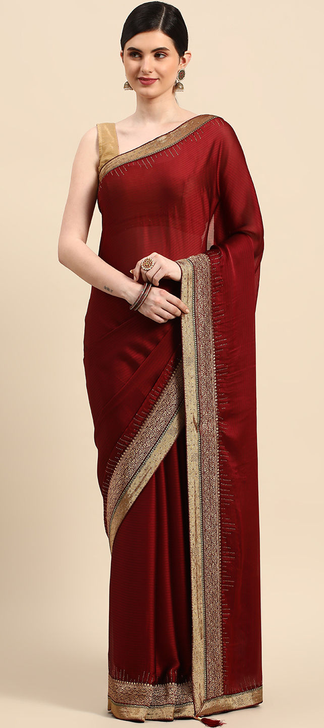 Desirable Maroon Colored Designer Embroidered Work Party Wear Silk Saree main image 1