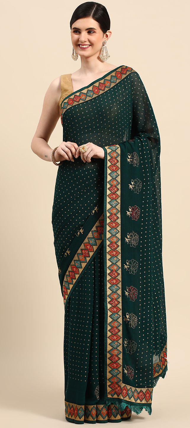 GREEN BLACK BORDER SATIN CHIFFON SAREE | Saree designs, Silk sarees, Party  wear sarees